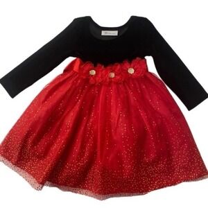 Bonnie Jean Girls Black Velvet Red Tulle Glitter Flower Dress Party Holiday Size